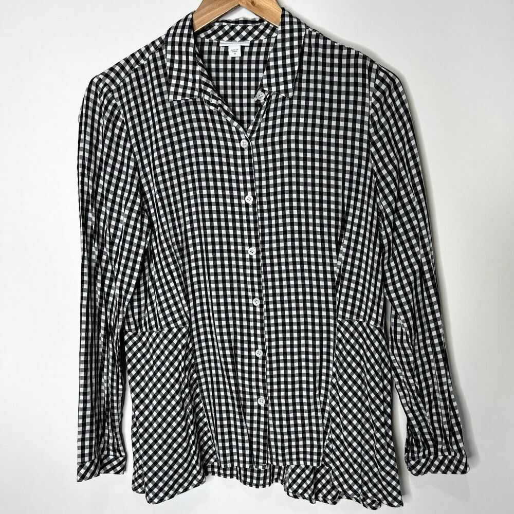J Jill Blouse Gingham Plaid Button Up Long Sleeve Black White Women's Medium